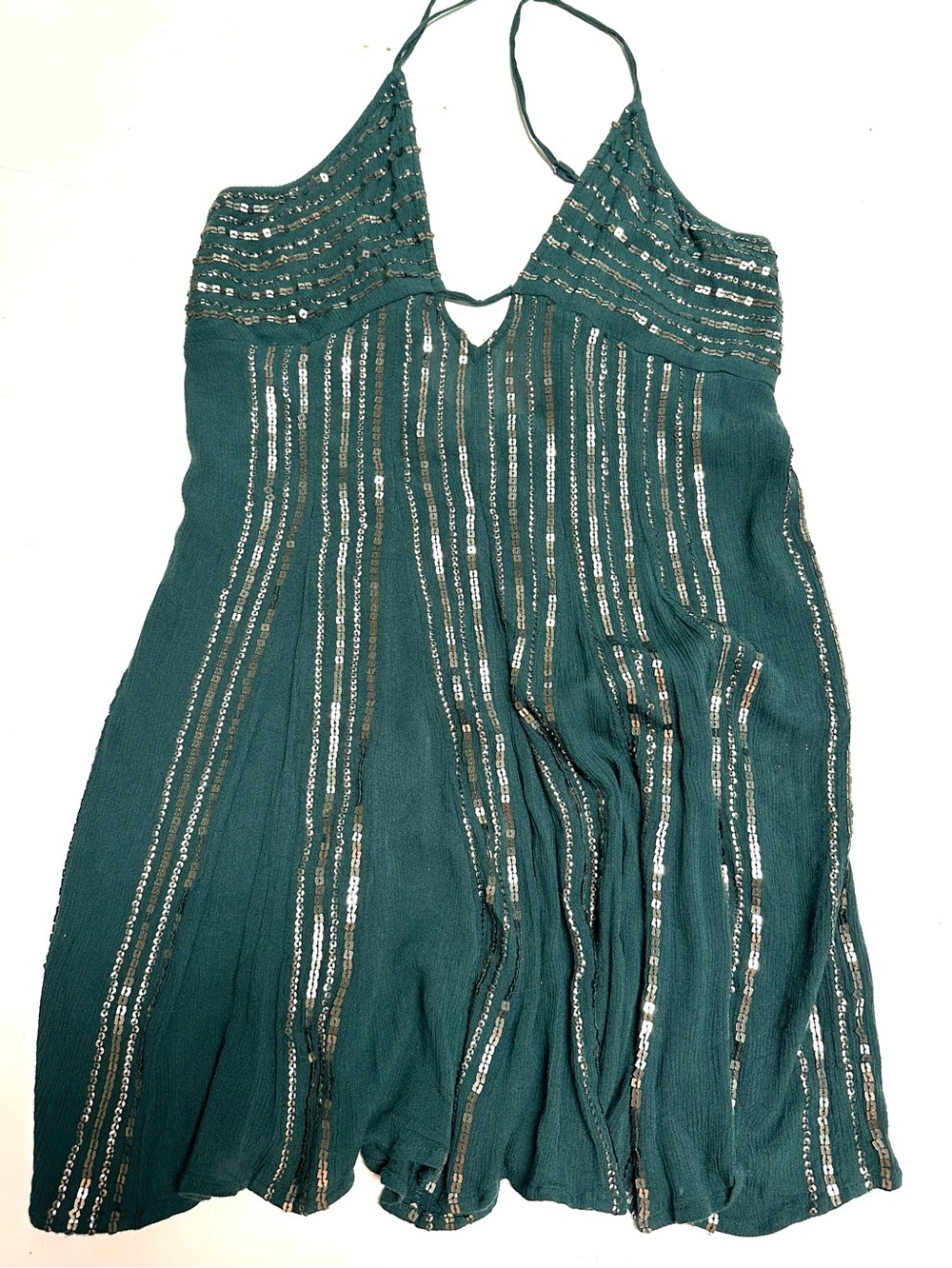 Free People Embellished Teal Mini Dress Beaded Boho Slip Dress Festival Large